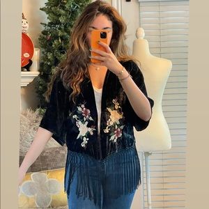 Abercrombie and fitch black velvet crop coverup with embroidered flowers
